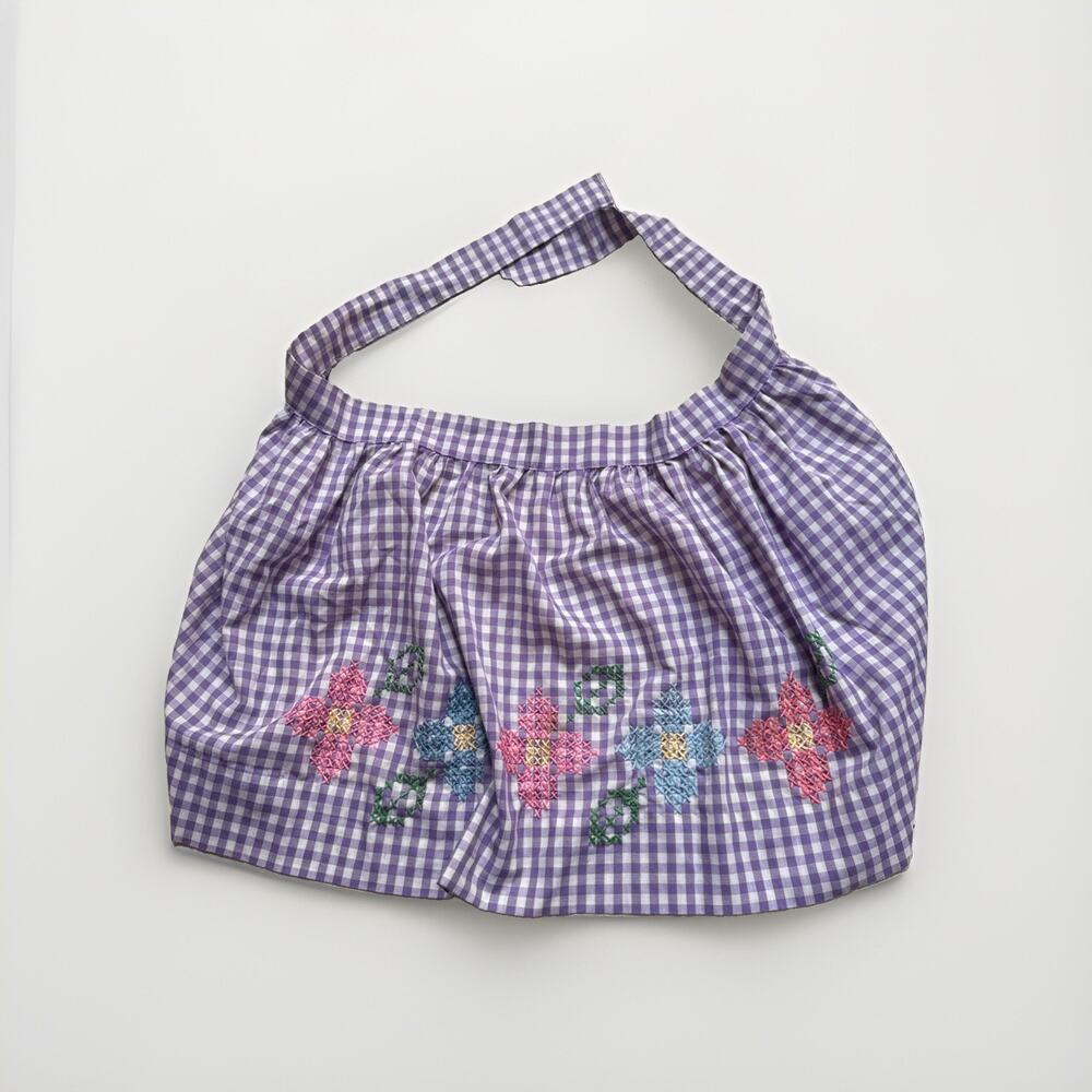 Vintage Cross Stitch Purple Gingham Half Apron Handmade Cottagecore